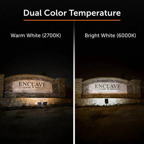 Outdoor Solar Flood Light in Black Cast Aluminum with Warm White 2700K LEDs lighting a sign, dual color temperature display