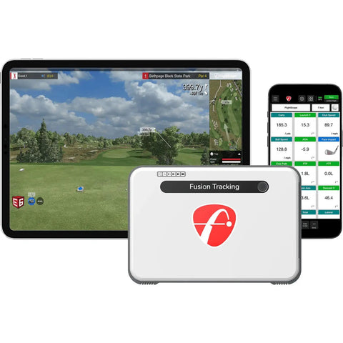 Mevo Plus GPS Launch Monitor And Golf Simulator With Multicam Tracking displayed with tablet and smartphone sync