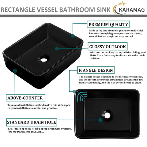 Matte Black Rectangle Vessel Sink 19 By 15 Inch Above Counter Bathroom Sink Porcelain Ceramic Small Bowl For Bathrooms Modern Sleek Dope European Inspired Style Durable Black Ceramic Vessel For Contemporary Vanities with product features and design highlights.