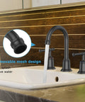 Widespread Matte Black Bathroom Faucet for 3 Hole Sinks 8 Inch Center Spread with Pop Up Drain and Lead Free Hose in use