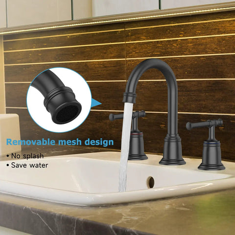 Widespread Matte Black Bathroom Faucet for 3 Hole Sinks 8 Inch Center Spread with Pop Up Drain and Lead Free Hose in use