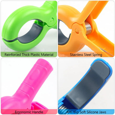 Heavy Duty Beach Towel Clips Eight Pack For Beach Chairs And Pool Loungers Jumbo Size With Strong Grip in four colors showing details