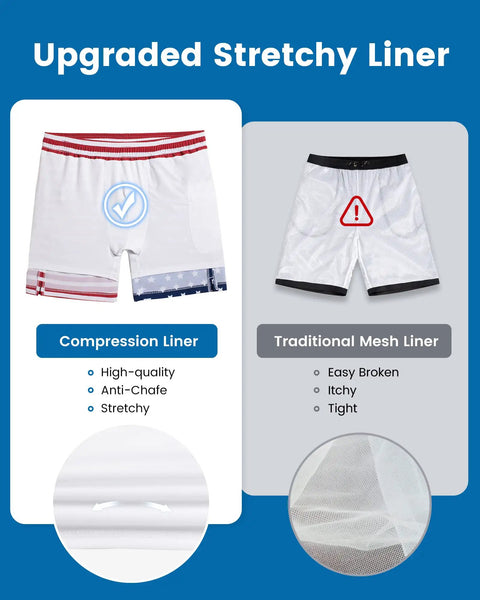 2 In 1 Mens Swim Trunks With Built In Compression Liner For Support 7 Inch Board Shorts American Flag Design