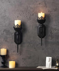 Kick Up Your Living Room Vibe With These Dope Black Gothic Wall Sconces Set Of Two Handcrafted Iron Crown And Scepter Candle Holders For Vintage Home Decor Style on wall with candles