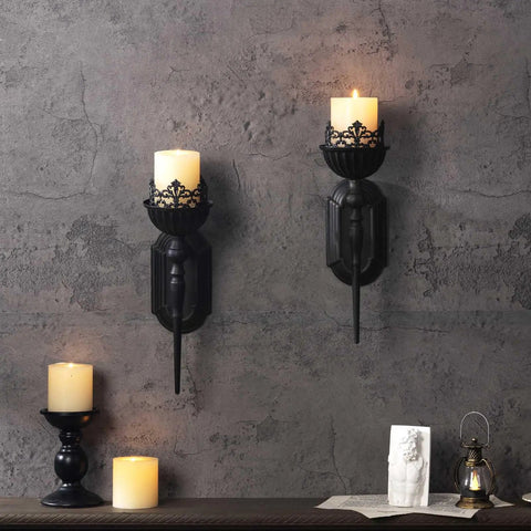 Kick Up Your Living Room Vibe With These Dope Black Gothic Wall Sconces Set Of Two Handcrafted Iron Crown And Scepter Candle Holders For Vintage Home Decor Style on wall with candles