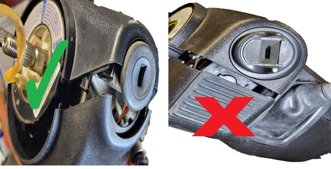 Two-view of black steering column cover shroud for 99-00 Silverado; left proper install, right improper fit.