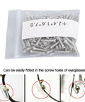 Durable Eyeglasses Hinge Screws Kit For Quick Fixes, Metal Repair Pins in a plastic bag, and installation examples