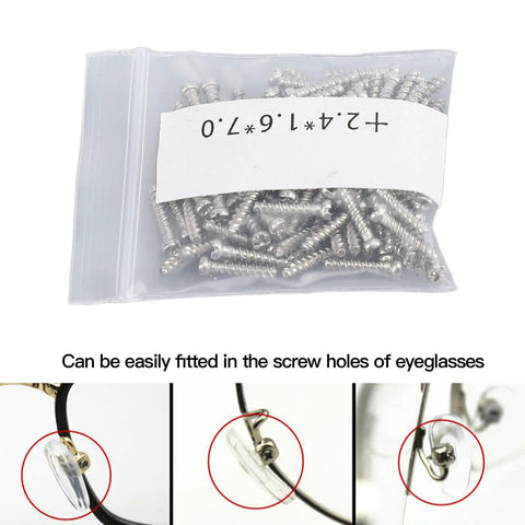 Durable Eyeglasses Hinge Screws Kit For Quick Fixes, Metal Repair Pins in a plastic bag, and installation examples