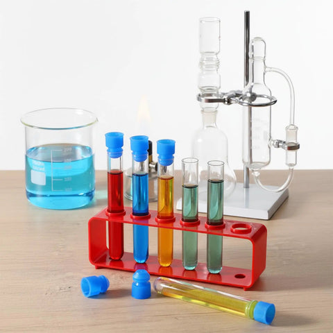 All In One Test Tube Rack Set With 12 Clear Test Tubes And Two Red Racks In Blue And Red Integrated Pack for science experiments