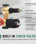 Brushed Nickel Shower System With 8 Inch Wall Mounted Rain Shower Head And Handheld Spray Valve showing brass valve body with connectors.