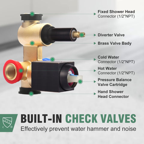 Brushed Nickel Shower System With 8 Inch Wall Mounted Rain Shower Head And Handheld Spray Valve showing brass valve body with connectors.