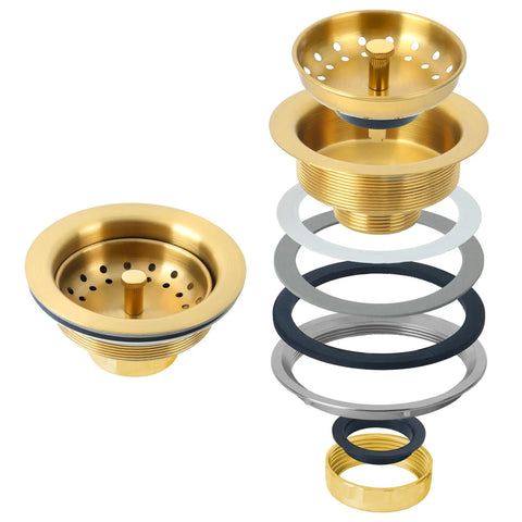 Gold 3.5-Inch Kitchen Sink Drain Assembly With Removable Strainer Basket And Stopper, 304 Stainless Steel Debris Guard
