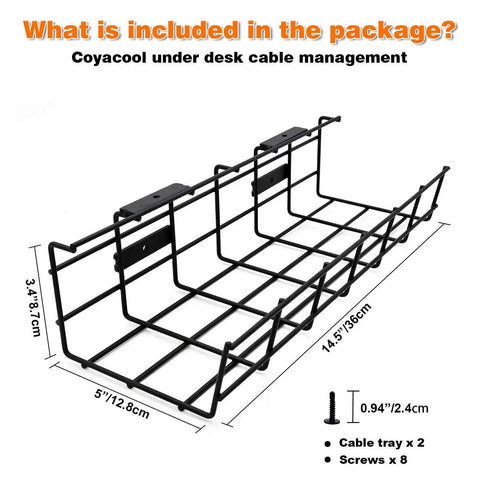 Under Desk Cable Management Tray 2 Pack Heavy Duty Metal Wire Cord Organizer dimensions and included components shown