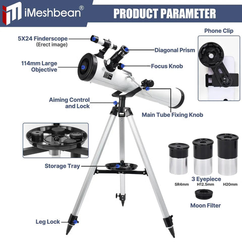 Diagram of Portable 76mm Aperture 700mm Focal Length Reflector Telescope With AZ Mount For Beginners showing components and accessories.