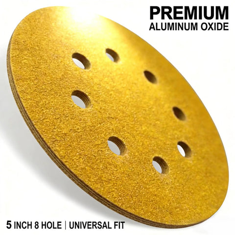 Dustless Sanding Discs Set 50 Pcs 5 Inch 8 Hole Round Sandpaper for Orbital Sander, side view showing holes and grit texture