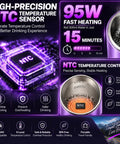 NTC temperature sensor graphic highlighting features of Ride Ready 12V 24V Vacuum Insulated Car Electric Kettle.