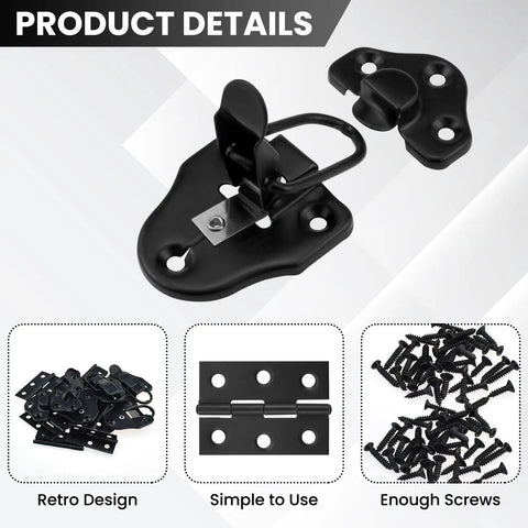 Retro Style Duckbilled Hasp Latch For Boxes Iron Box Lock with folding hinges and screws, black durable metal hasps 2.76 by 1.57 inch
