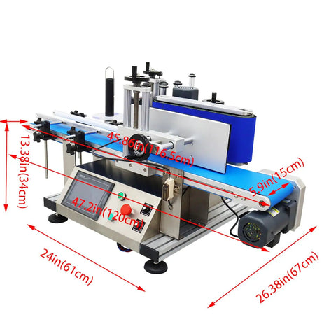Smooth Operator High Speed Automatic Round Bottle Labeling Machine With Desktop Conveyor Belt showing dimensions and features.