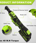 Cordless 3/8 Inch Electric Ratchet Wrench Kit With 12V Power, 40 Ft Lbs Torque features highlighted on diagram