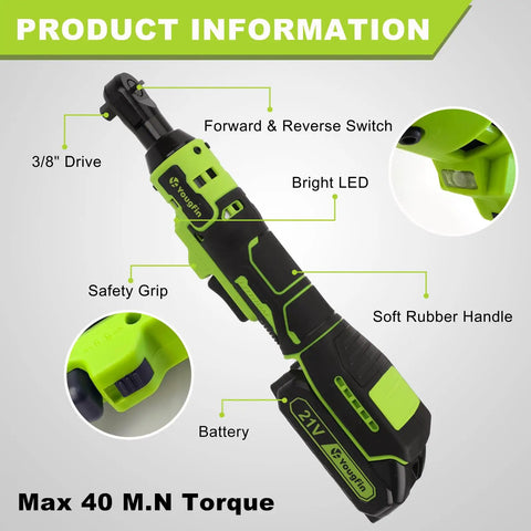 Cordless 3/8 Inch Electric Ratchet Wrench Kit With 12V Power, 40 Ft Lbs Torque features highlighted on diagram