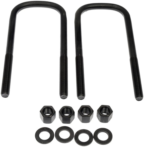 Ford Front Leaf Spring Axle U-Bolt Kit With Beefy Hardware showing U-bolts, nuts, and washers for undercarriage stability.