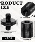 Built Tough Aluminum 4 Pack 1/4 To 1/4 Inch Threaded Tripod Screw Adapters With Double Male Female Ends, showcasing sizes and dimensions.