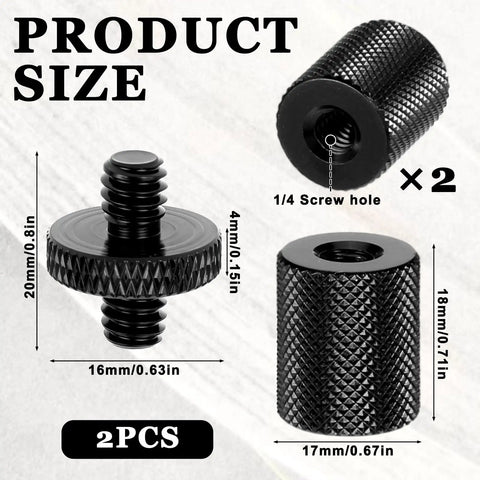 Built Tough Aluminum 4 Pack 1/4 To 1/4 Inch Threaded Tripod Screw Adapters With Double Male Female Ends, showcasing sizes and dimensions.