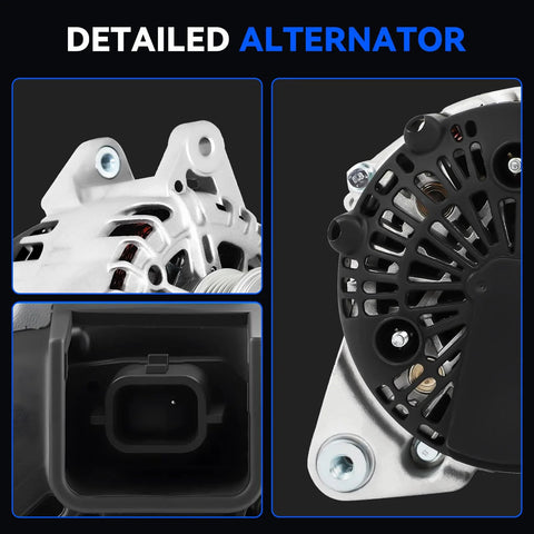 Close-up of High-Output 12V 120A Alternator Direct Fit Replacement For 2.5L L4 Rogue SUV 2014-2018 showing CNC cast aluminum body and components
