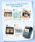 Super Slick 2 Inch Bluetooth Label Printer For Home Organization With Dead Simple Smartphone App Setup And Fast PC Sync Feature Wrapped In Vibrant Blue Shell, showcasing labels and organization tips.