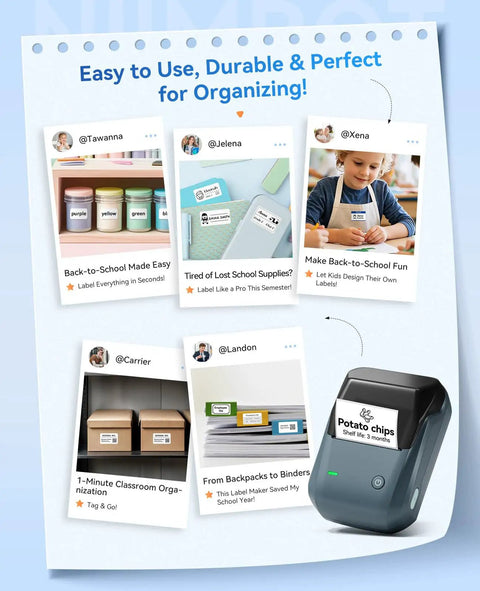 Super Slick 2 Inch Bluetooth Label Printer For Home Organization With Dead Simple Smartphone App Setup And Fast PC Sync Feature Wrapped In Vibrant Blue Shell, showcasing labels and organization tips.