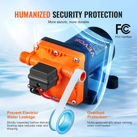 12V Diaphragm Water Pump 3.5 GPM Self Priming With Adjustable 40 To 80 PSI Overload Protection Half Inch MNPT front view