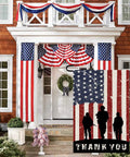 American Soldier Thank You Garden Flag 12x18 Burlap Double Sided for Fourth Of July displayed on porch with USA flags