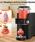 2 in 1 Slushie & Soft Ice Cream Machine in matte black, showcasing slushie and soft ice cream options in one compact design.
