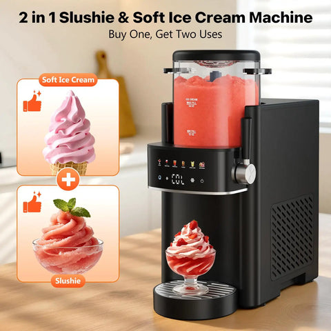 2 in 1 Slushie & Soft Ice Cream Machine in matte black, showcasing slushie and soft ice cream options in one compact design.