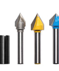 Drop Dead Durable Tungsten Carbide V Groove Router Bit Set For CNC Woodworking features three v milling cutters and a collet adapter.