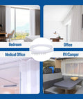 Bendable Ceiling Curtain Track System, Flexible 16.4 Ft Rail installed in various settings, including bedroom, office, RV, medical office.