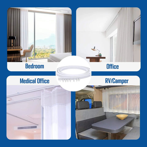 Bendable Ceiling Curtain Track System, Flexible 16.4 Ft Rail installed in various settings, including bedroom, office, RV, medical office.