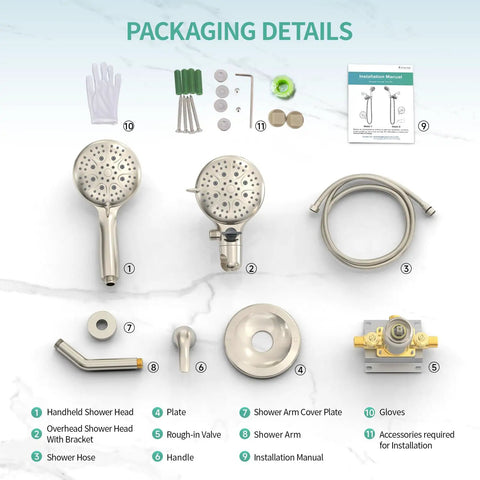 Rain And Handheld Shower System With Five Spray Dual 2 In 1 High Pressure Shower Faucet 3 Way Diverter Brushed Nickel Finish Valve Included packaging details