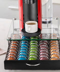 VertuoLine Capsule Drawer Organizer With Glass Front Holds 50 Pods In Five Rows Of Ten Perfect For Counter Or Cabinet Storage Easy Load And Unload With Handle Secure And Durable Kitchen Accessory
