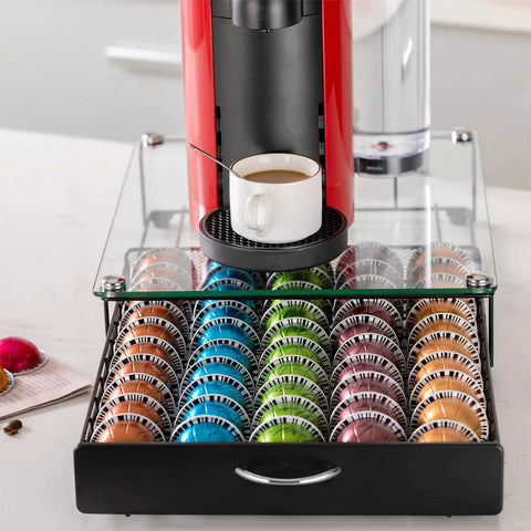 VertuoLine Capsule Drawer Organizer With Glass Front Holds 50 Pods In Five Rows Of Ten Perfect For Counter Or Cabinet Storage Easy Load And Unload With Handle Secure And Durable Kitchen Accessory