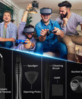 Group using VR and gaming, inset shows 17 In 1 Gamebit And Tri Wing Screwdriver Repair Kit For Nintendo Switch tools with descriptions