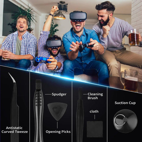 Group using VR and gaming, inset shows 17 In 1 Gamebit And Tri Wing Screwdriver Repair Kit For Nintendo Switch tools with descriptions