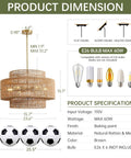 Large Handwoven Rattan Chandelier For Dining Room Boho Chic Pendant Light With Gold Plated Cylinder Rod Casting Dreamy Shadows A Total Vibe That Hits Different In Any Room dimensions and specifications including height and material.