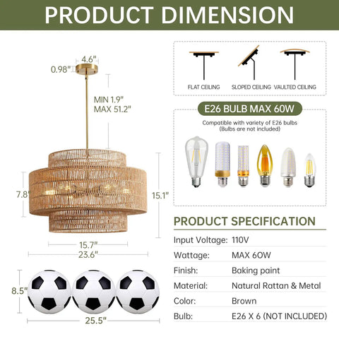 Large Handwoven Rattan Chandelier For Dining Room Boho Chic Pendant Light With Gold Plated Cylinder Rod Casting Dreamy Shadows A Total Vibe That Hits Different In Any Room dimensions and specifications including height and material.