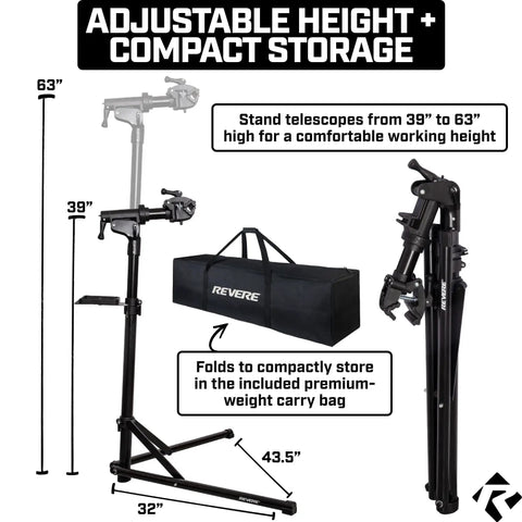 Beefed Up Heavy Duty Bike Repair Stand With Storage Bag, adjustable height to 63 inches, telescoping and folding design