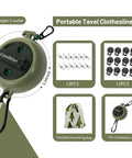 Lightweight Travel Clothesline Cord 33ft Adjustable Outdoor Indoor Laundry Rope With 12 Stoppers And Windproof Clothespins kit