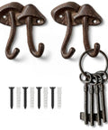Straight Up Legit Mushroom Wall Hooks Set Of Two Heavy Duty Cast Iron Coat Hangers With Antique Black Finish, featuring two hooks and keys.