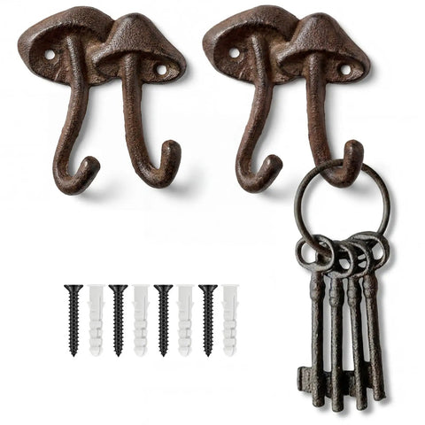 Straight Up Legit Mushroom Wall Hooks Set Of Two Heavy Duty Cast Iron Coat Hangers With Antique Black Finish, featuring two hooks and keys.