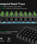 40-Cell Seed Starter Trays Kit With LED Grow Lights, showing 40-cell green propagation tray with seedlings and drainage holes.