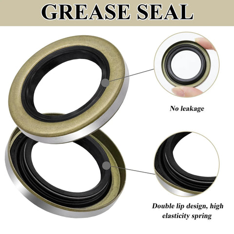 Two trailer bearing grease seals with brass outer ring and black rubber dual lip for 1'' axles